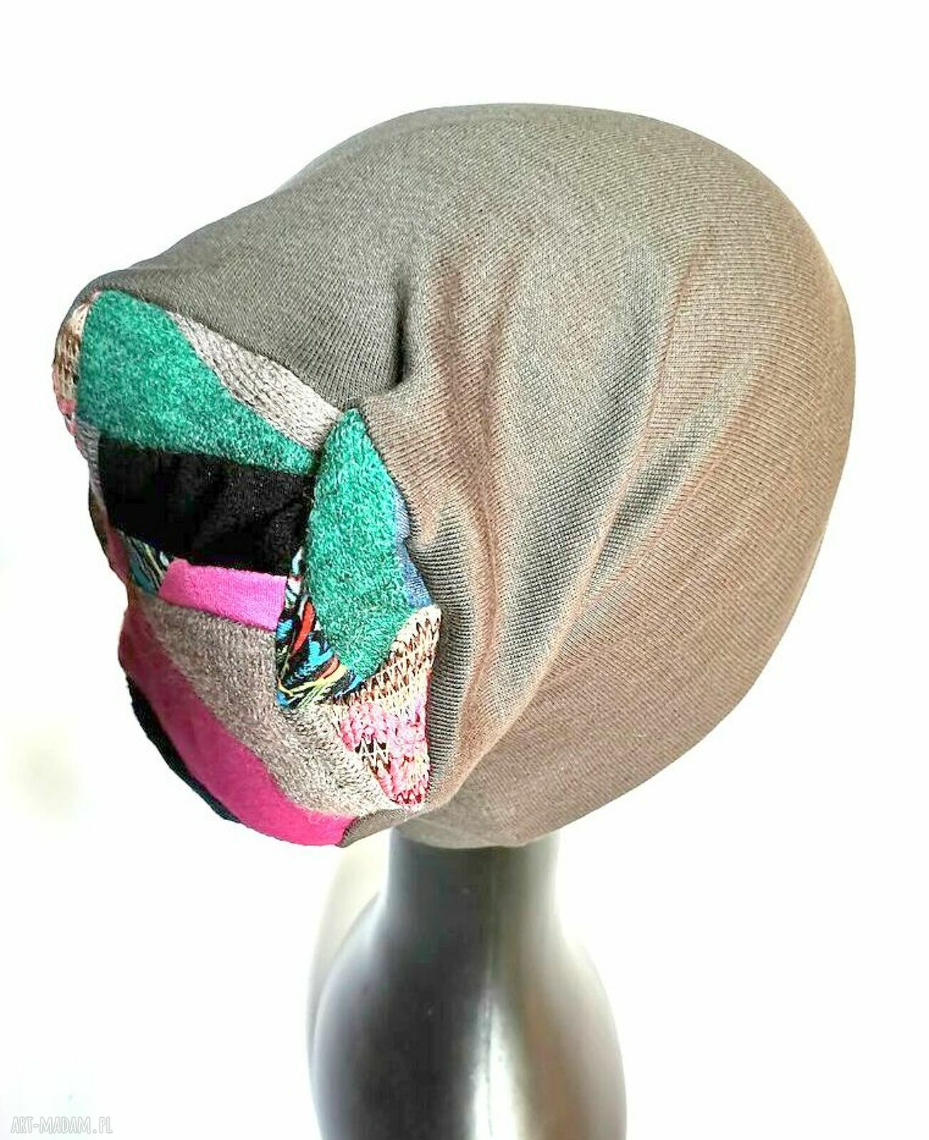 Szara czapka boho FRIDA rower z patchworkiem i podszewką