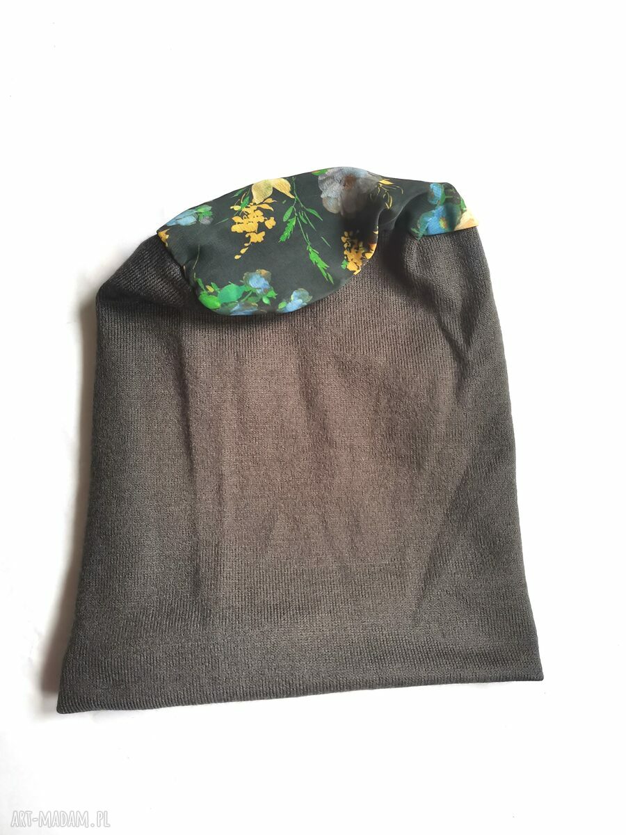 Szara czapka Smerfetka Boho Etno Frida na podszewce - handmade