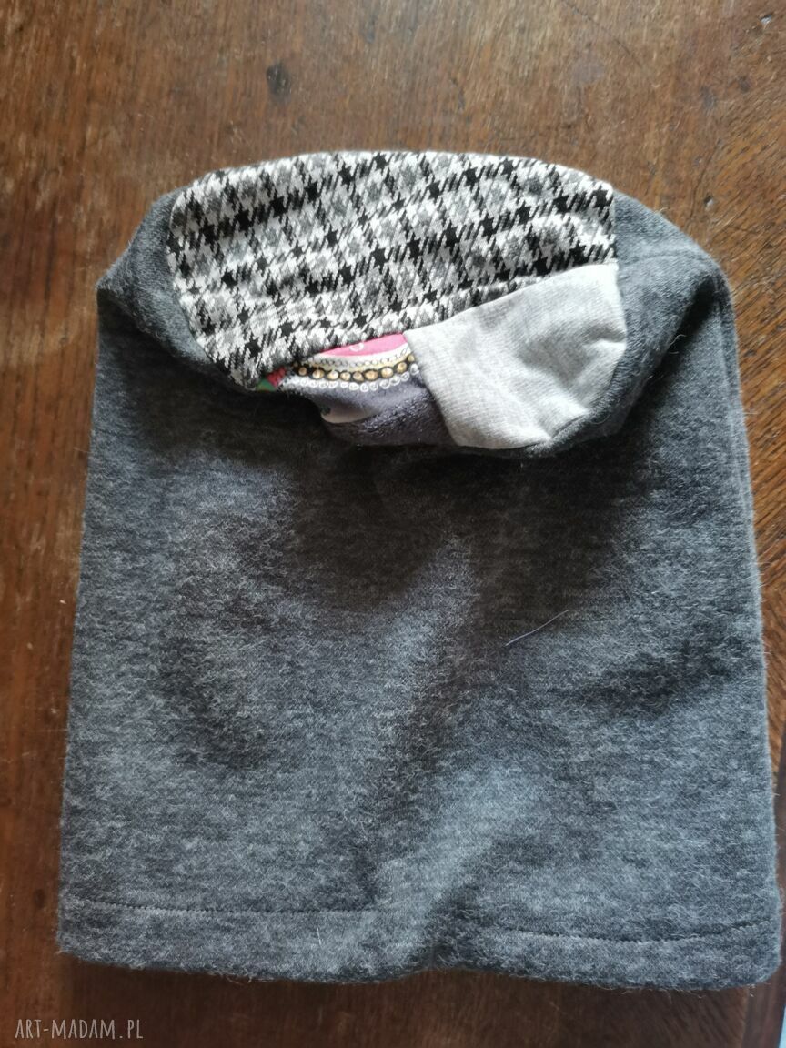 Ręcznie robiona szara czapka damska patchwork boho na podszewce (rozmiar uniwersalny)