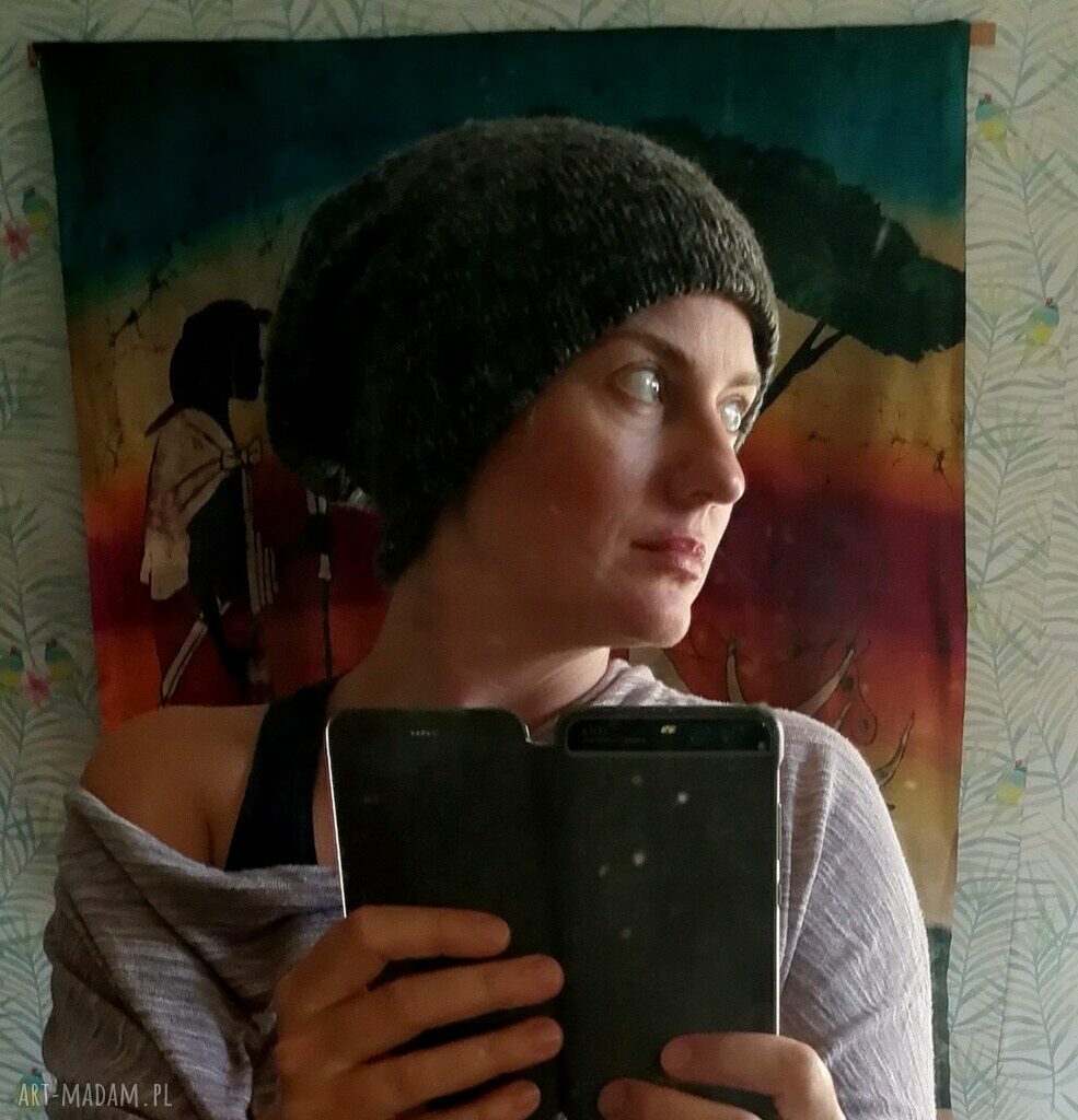 Czapka szara melanż boho etno z wełny - miękka i rozciągliwa (box 44)