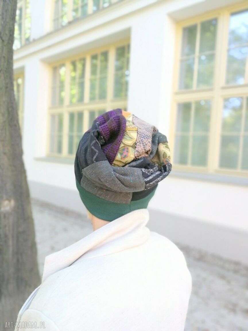 Czapka patchworkowa Smerfetka w stylu etno boho - na podszewce