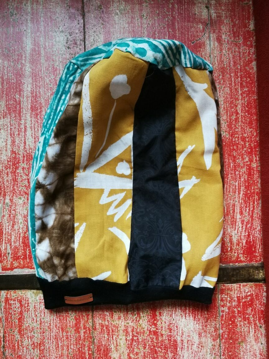 Czapka patchworkowa Smerfetka na podszewce - turbanowy kształt