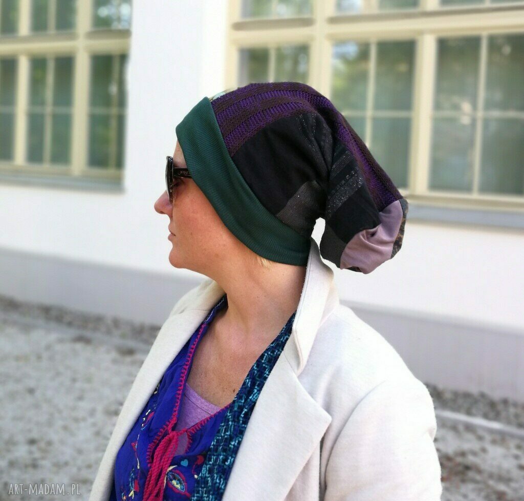 Czapka patchworkowa Smerfetka w stylu etno boho - na podszewce