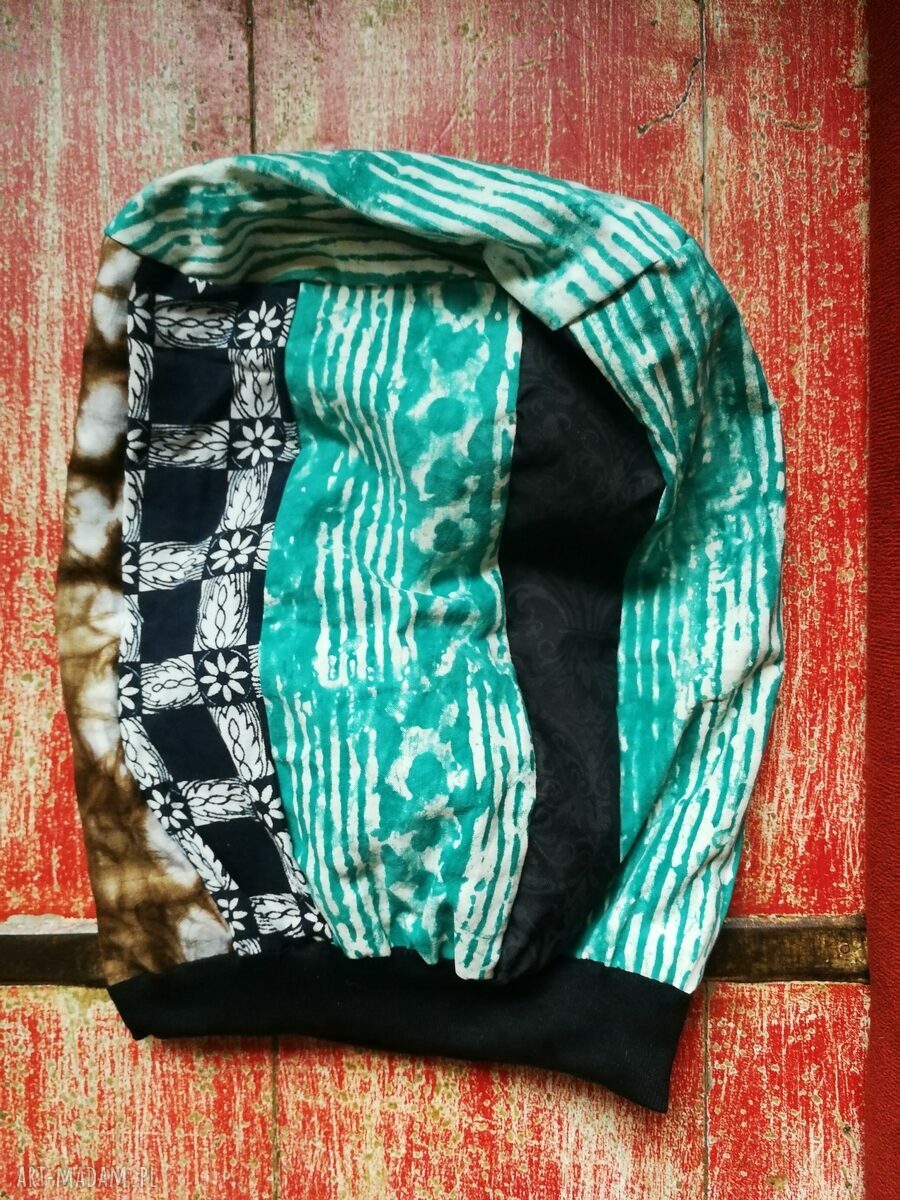 Czapka patchworkowa Smerfetka na podszewce - turbanowy kształt