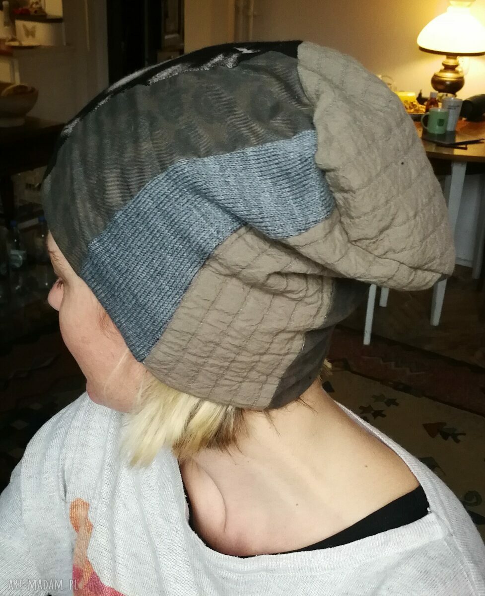 Czapka patchworkowa damska krótka boho - rozmiar uniwersalny, ręcznie szyta