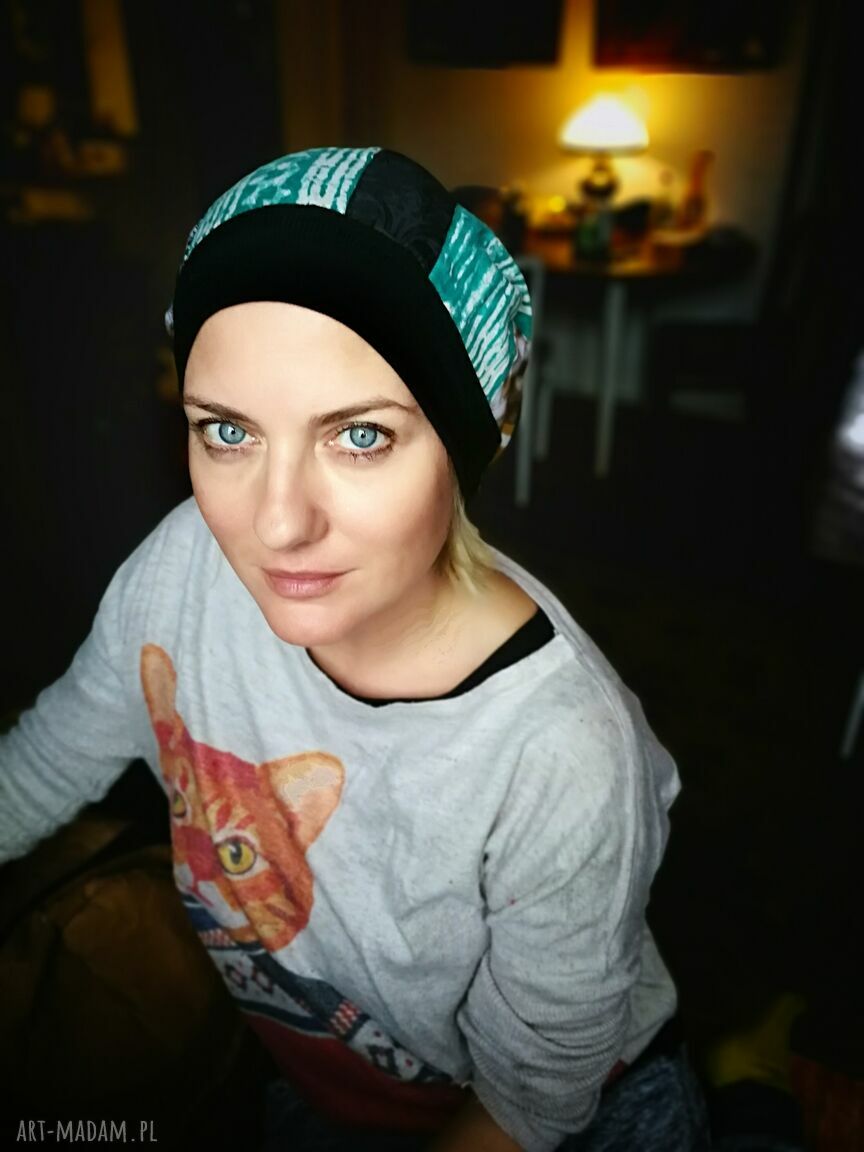 Czapka patchworkowa Smerfetka na podszewce - turbanowy kształt