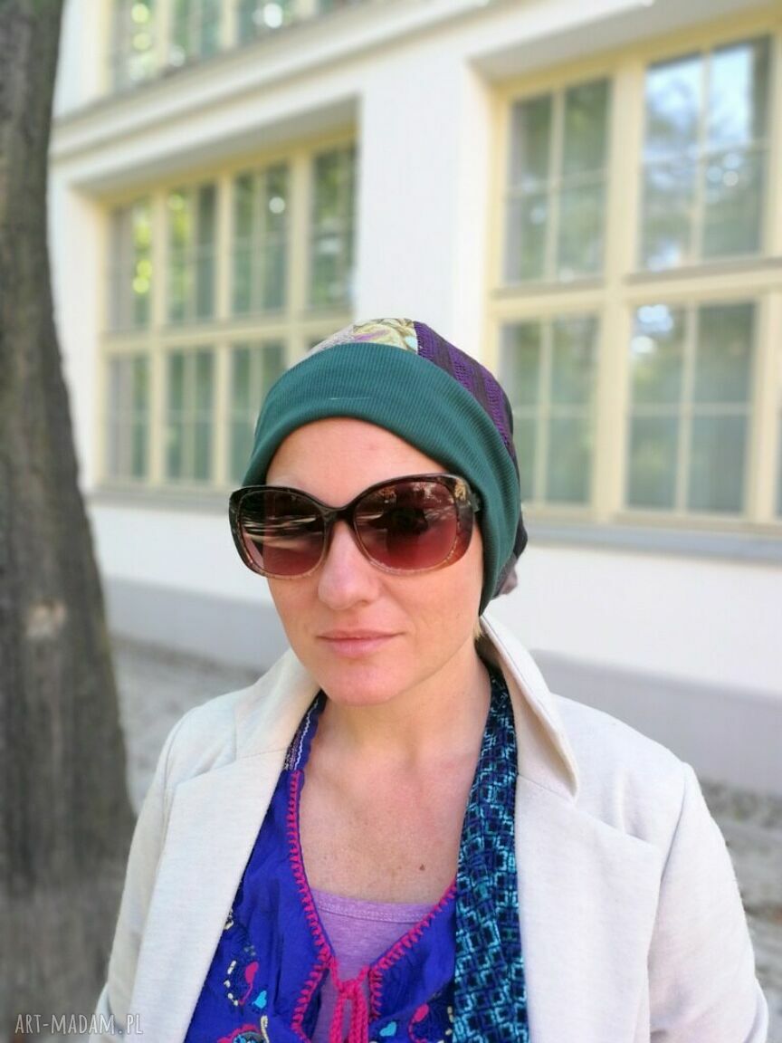 Czapka patchworkowa Smerfetka w stylu etno boho - na podszewce