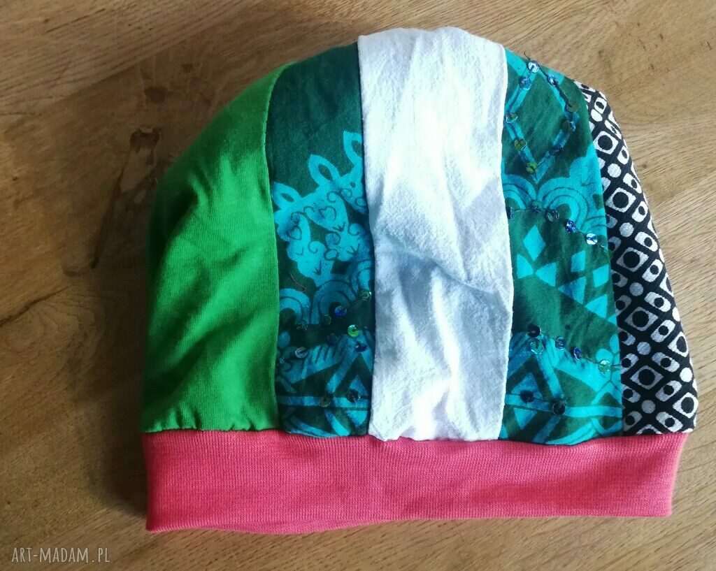 Czapka turbanowa patchworkowa w stylu etno-boho - rozmiar uniwersalny