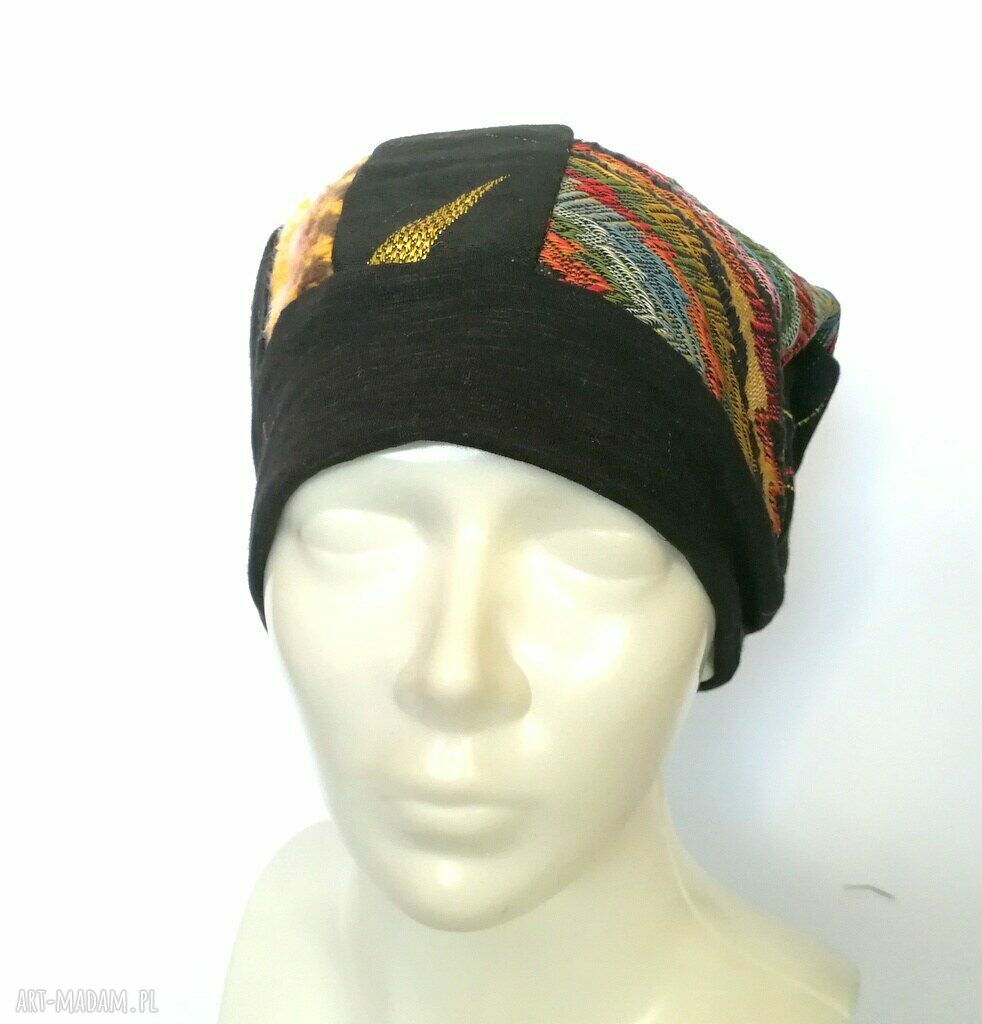 Turbanowa czapka etno boho z patchworku - wiosenna na podszewce (58-59 cm)