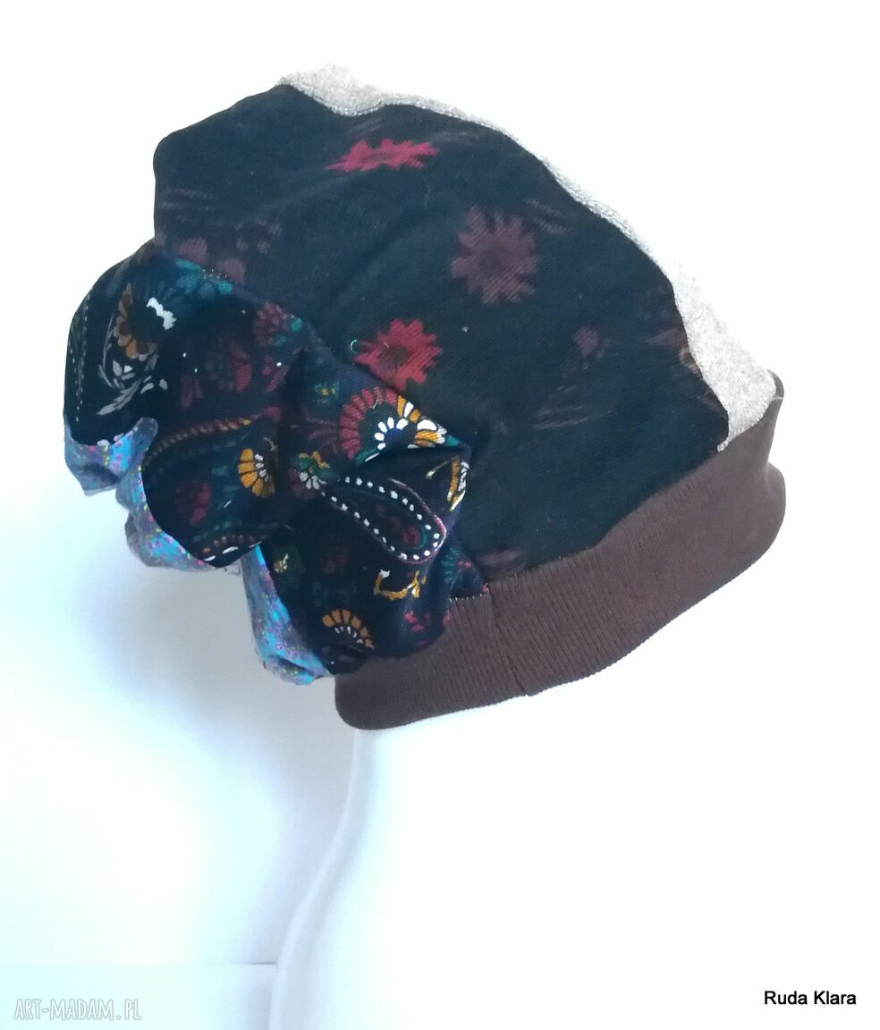 Czapka turbanowa etno boho patchwork - kolorowa na podszewce, ręcznie szyta, rozmiar 59 cm