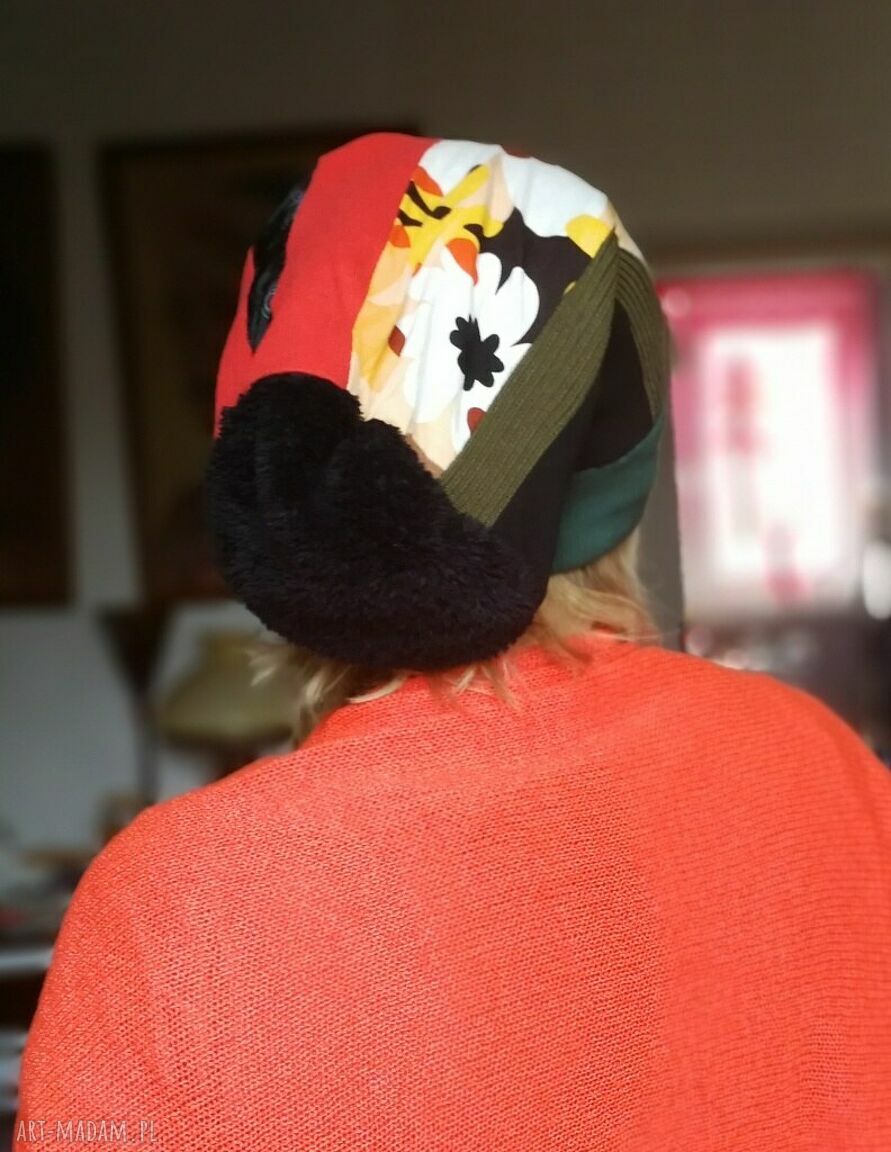 Czapka turbanowa etno-boho w patchworku - na podszewce, rozmiar uniwersalny