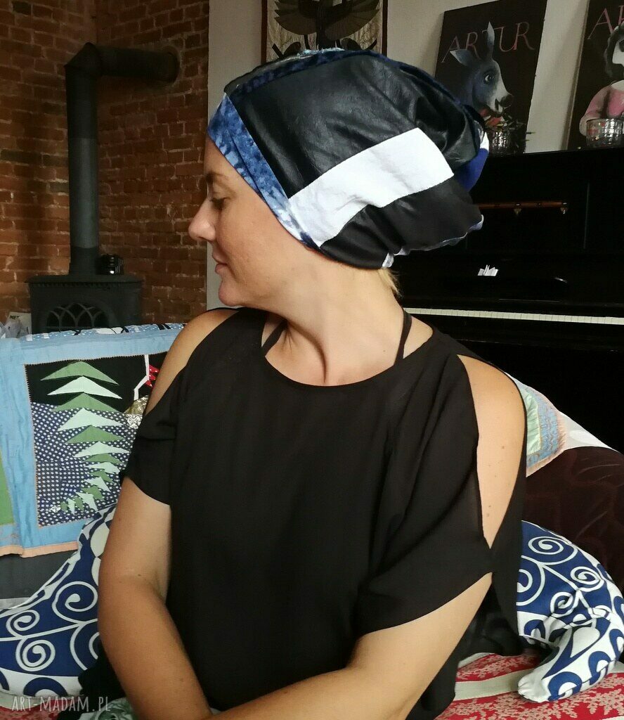 Czapka turbanowa Etno Boho z patchworkiem - ręcznie robiona