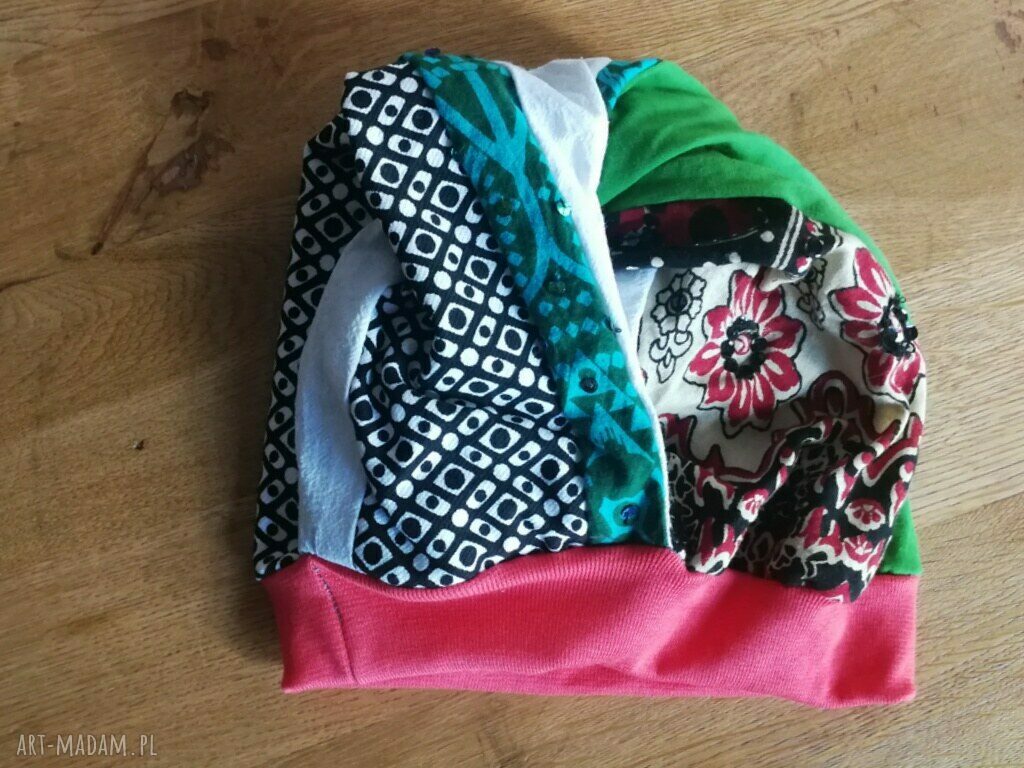 Czapka turbanowa patchworkowa w stylu etno-boho - rozmiar uniwersalny