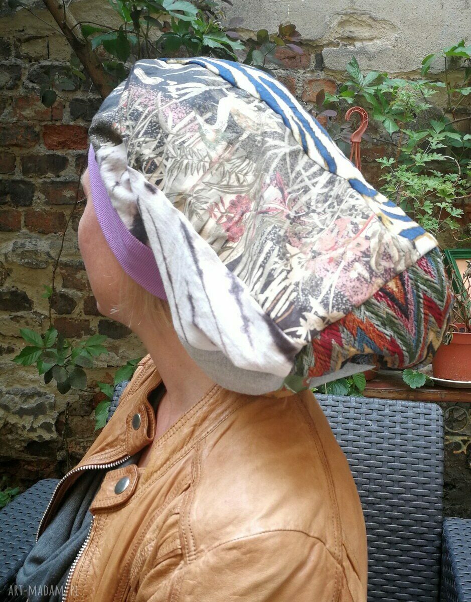 Czapka turbanowa etno boho patchwork na podszewce - ruda Klara