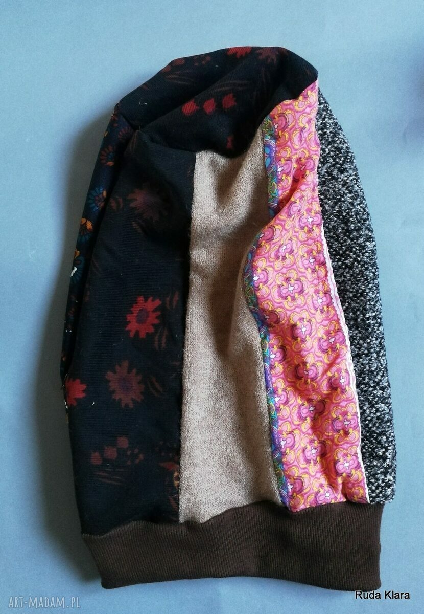Czapka turbanowa etno boho patchwork - kolorowa na podszewce, ręcznie szyta, rozmiar 59 cm