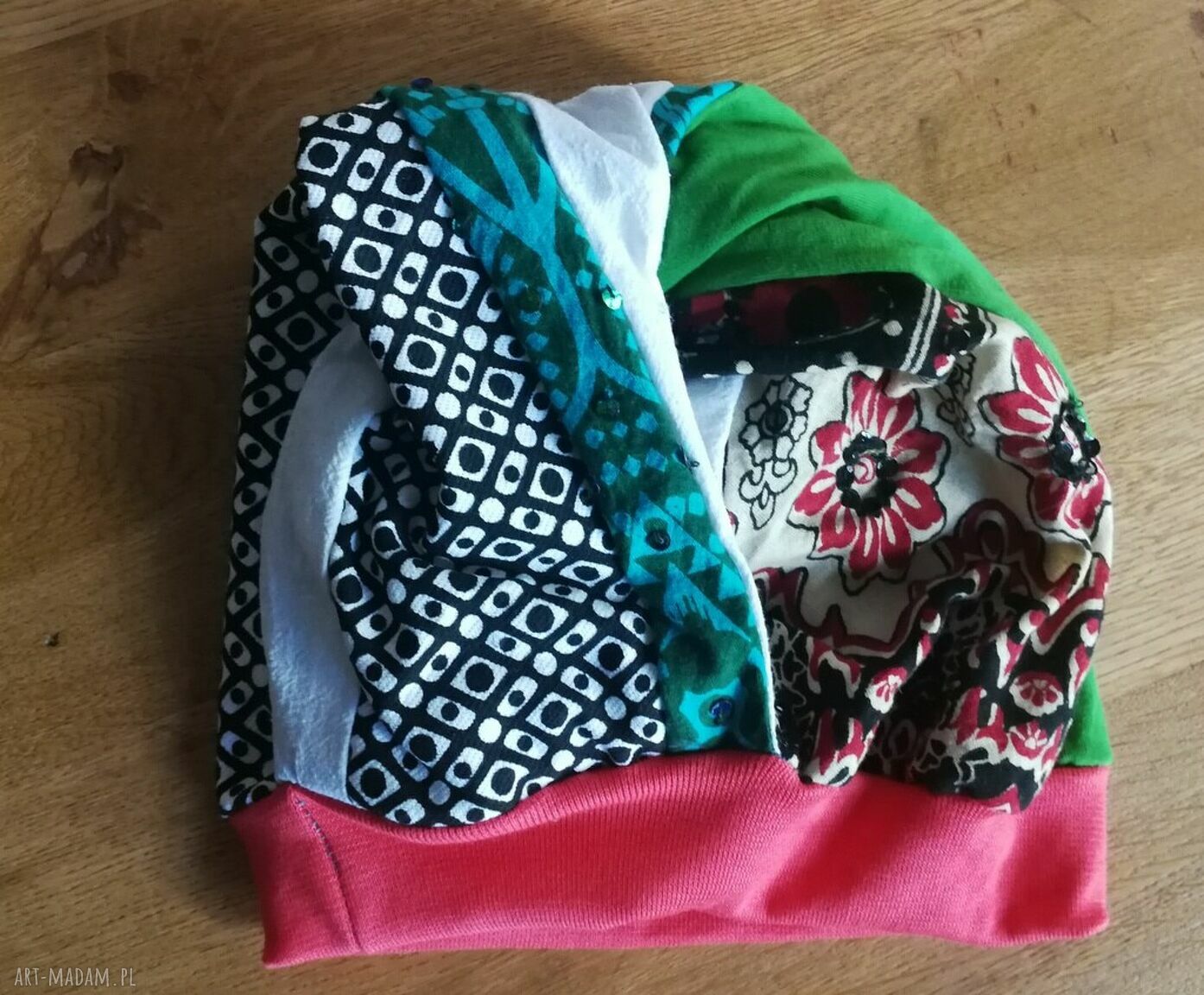 Czapka turbanowa patchworkowa w stylu etno-boho - rozmiar uniwersalny