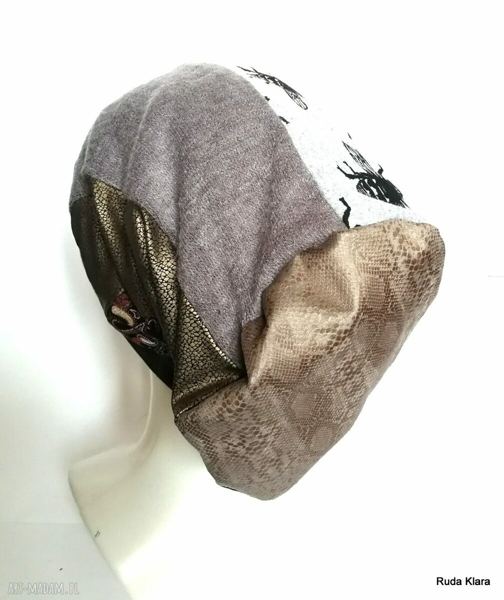 Czapka turbanowa etno boho z patchworku - rękodzieło na podszewce 58-59 cm