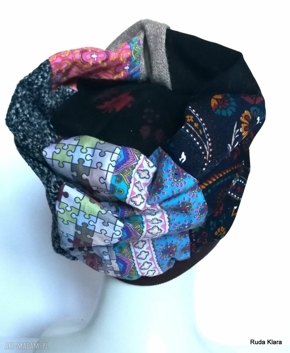 Czapka turbanowa etno boho patchwork - kolorowa na podszewce, ręcznie szyta, rozmiar 59 cm