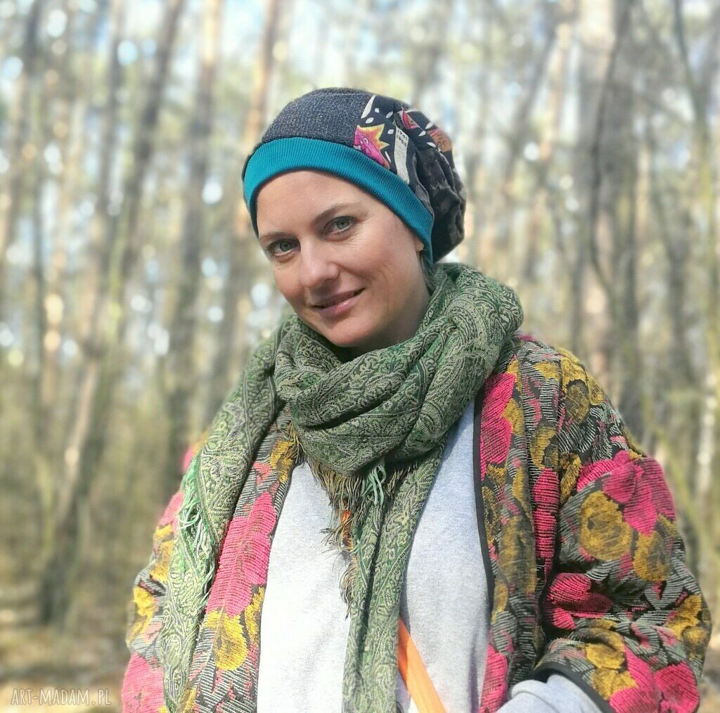 Czapka turbanowa Boho Etno z patchworku - wiosenna na podszewce (rozmiar uniwersalny)
