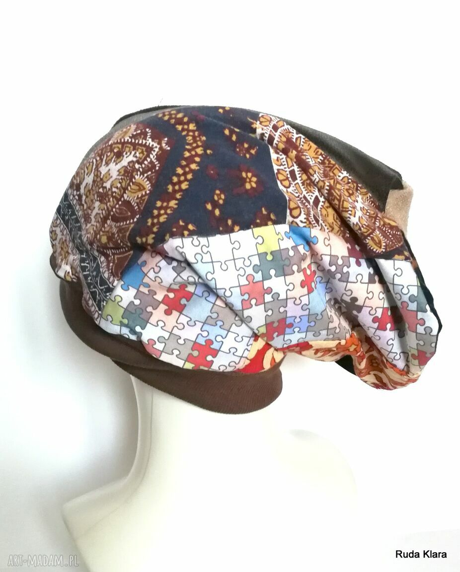 Czapka turbanowa etno boho - wiosenna patchwork na podszewce, rozmiar 58-59 cm