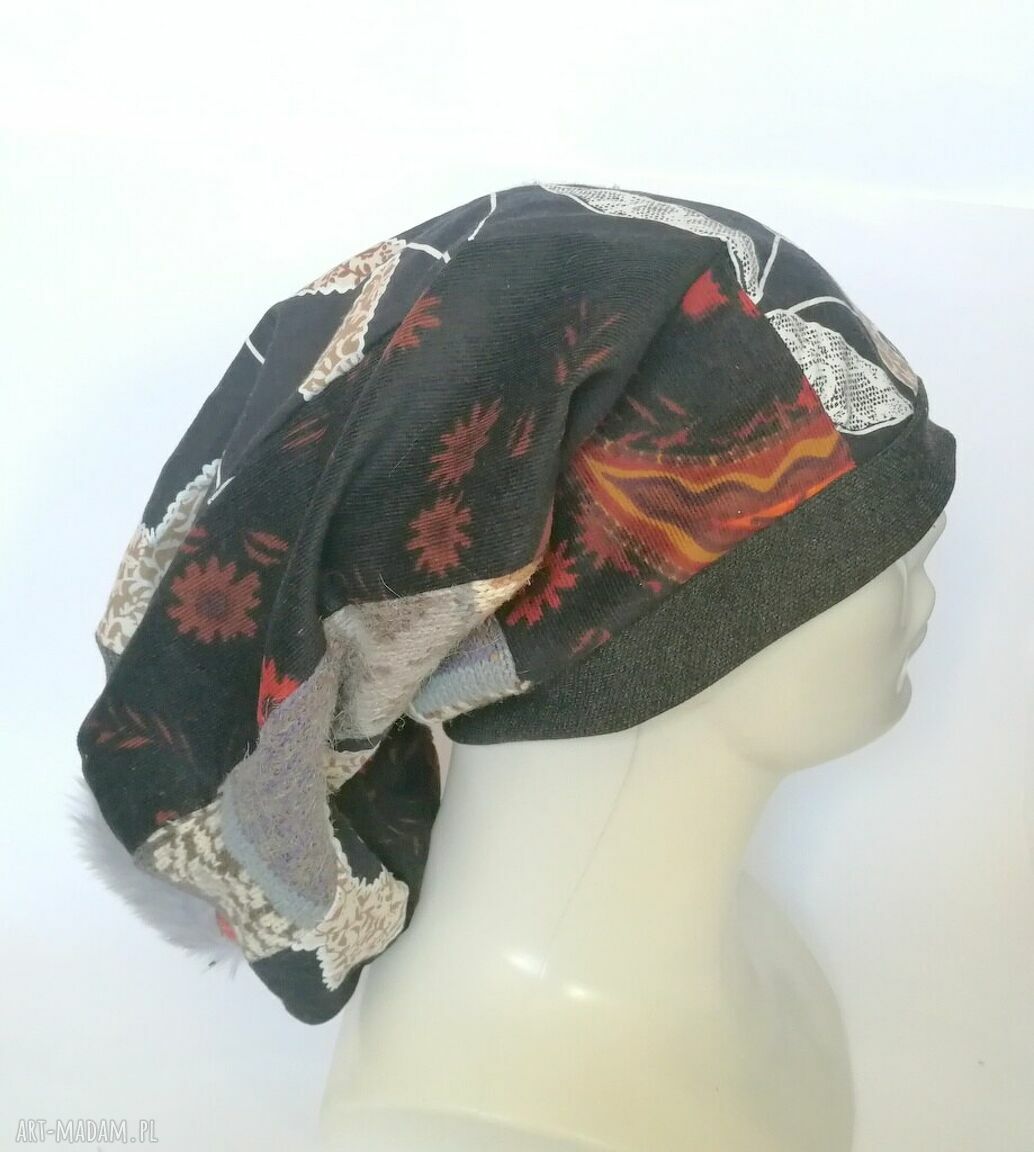Czapka turbanowa Etno Boho Patchwork na podszewce, rozmiar 57-58 cm