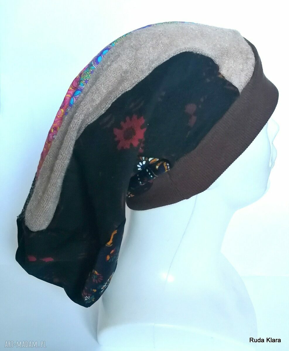 Czapka turbanowa etno boho patchwork - kolorowa na podszewce, ręcznie szyta, rozmiar 59 cm