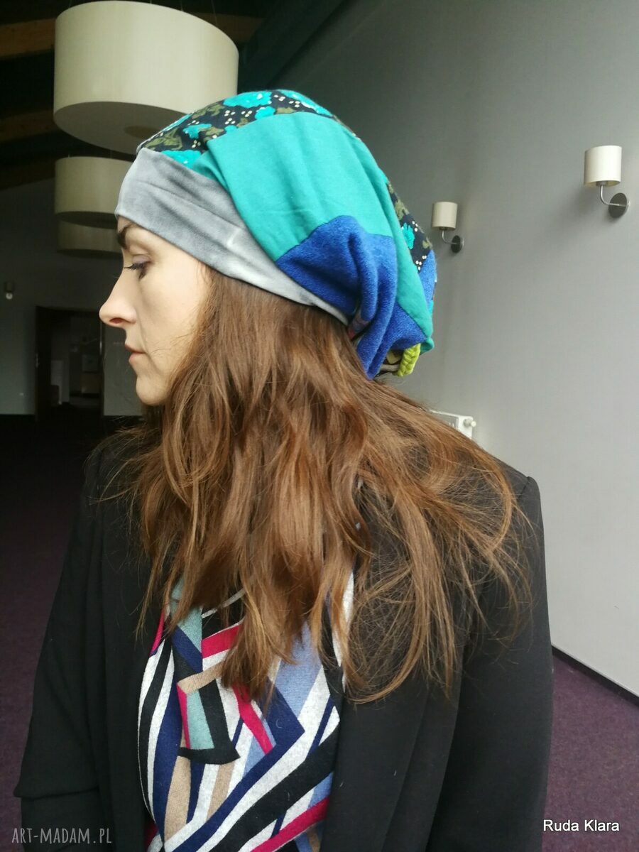 Czapka turbanowa Etno Boho na wiosnę - patchwork z podszewką