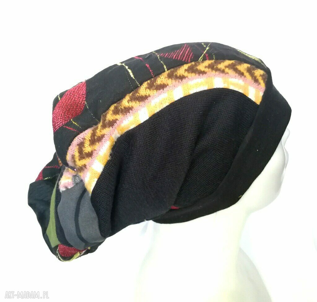 Turbanowa czapka etno boho z patchworku - wiosenna na podszewce (58-59 cm)