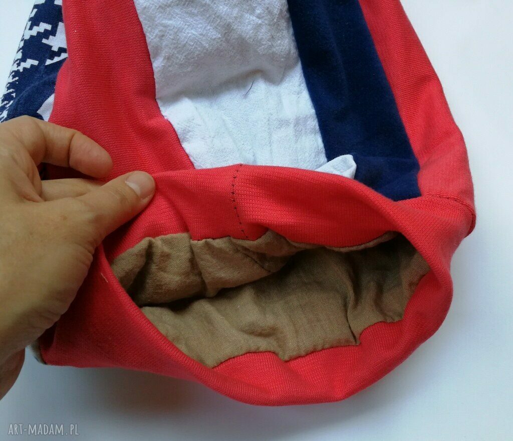 Czapka turbanowa etno-boho patchwork na podszewce - jesienna, ręcznie szyta