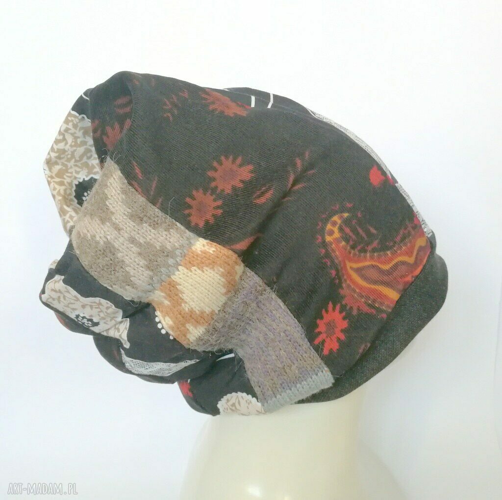 Czapka turbanowa Etno Boho Patchwork na podszewce, rozmiar 57-58 cm