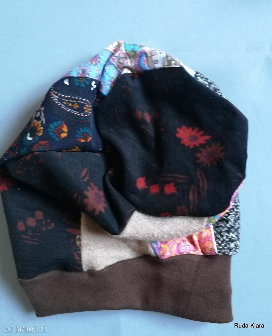 Czapka turbanowa etno boho patchwork - kolorowa na podszewce, ręcznie szyta, rozmiar 59 cm