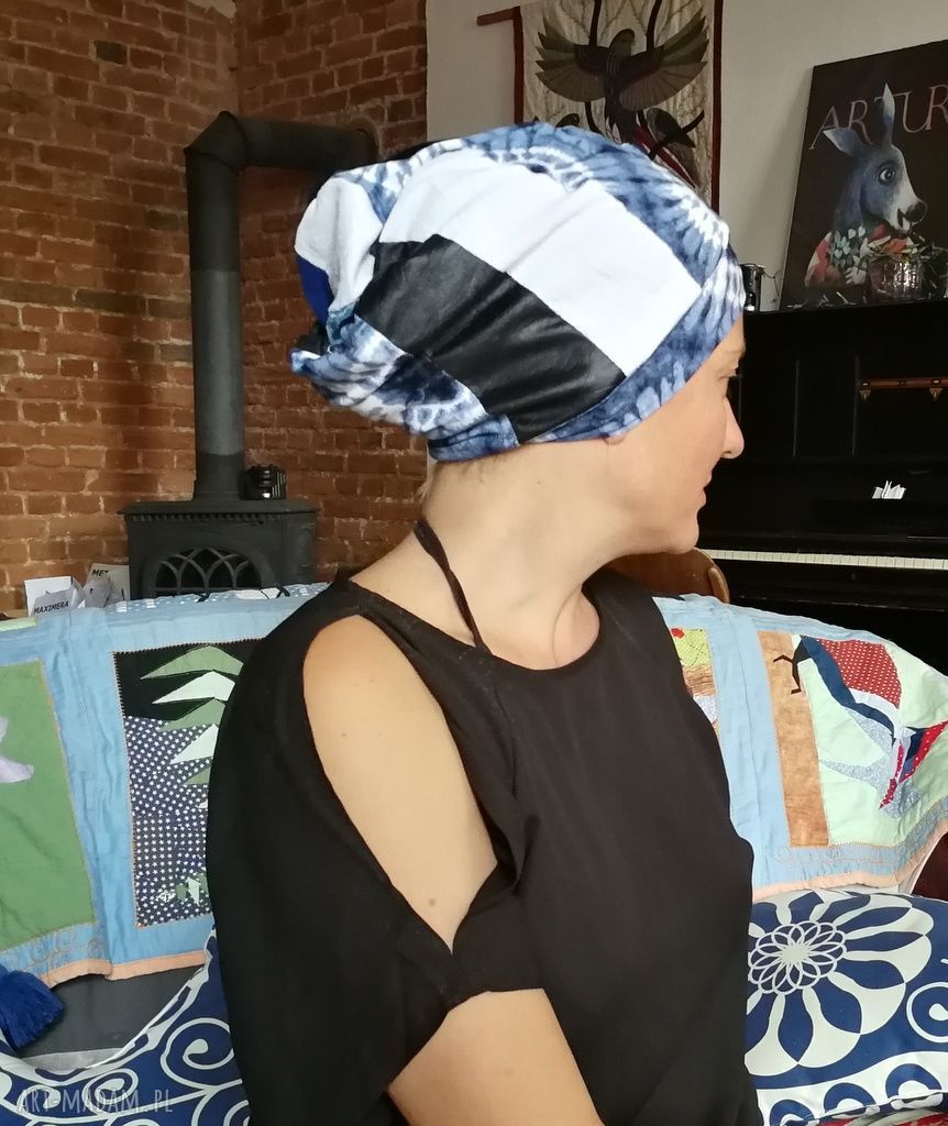 Czapka turbanowa Etno Boho z patchworkiem - ręcznie robiona