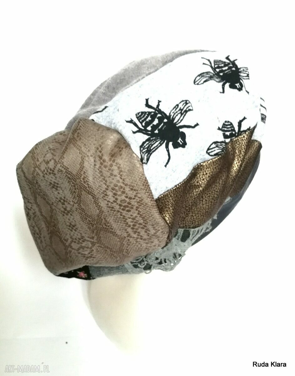 Czapka turbanowa etno boho z patchworku - rękodzieło na podszewce 58-59 cm