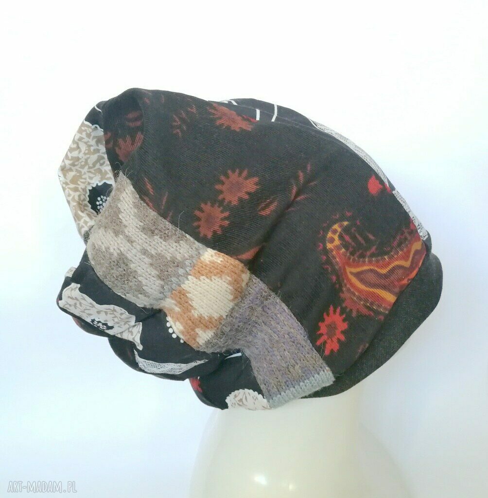 Czapka turbanowa Etno Boho Patchwork na podszewce, rozmiar 57-58 cm