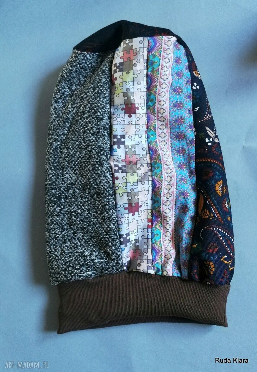 Czapka turbanowa etno boho patchwork - kolorowa na podszewce, ręcznie szyta, rozmiar 59 cm