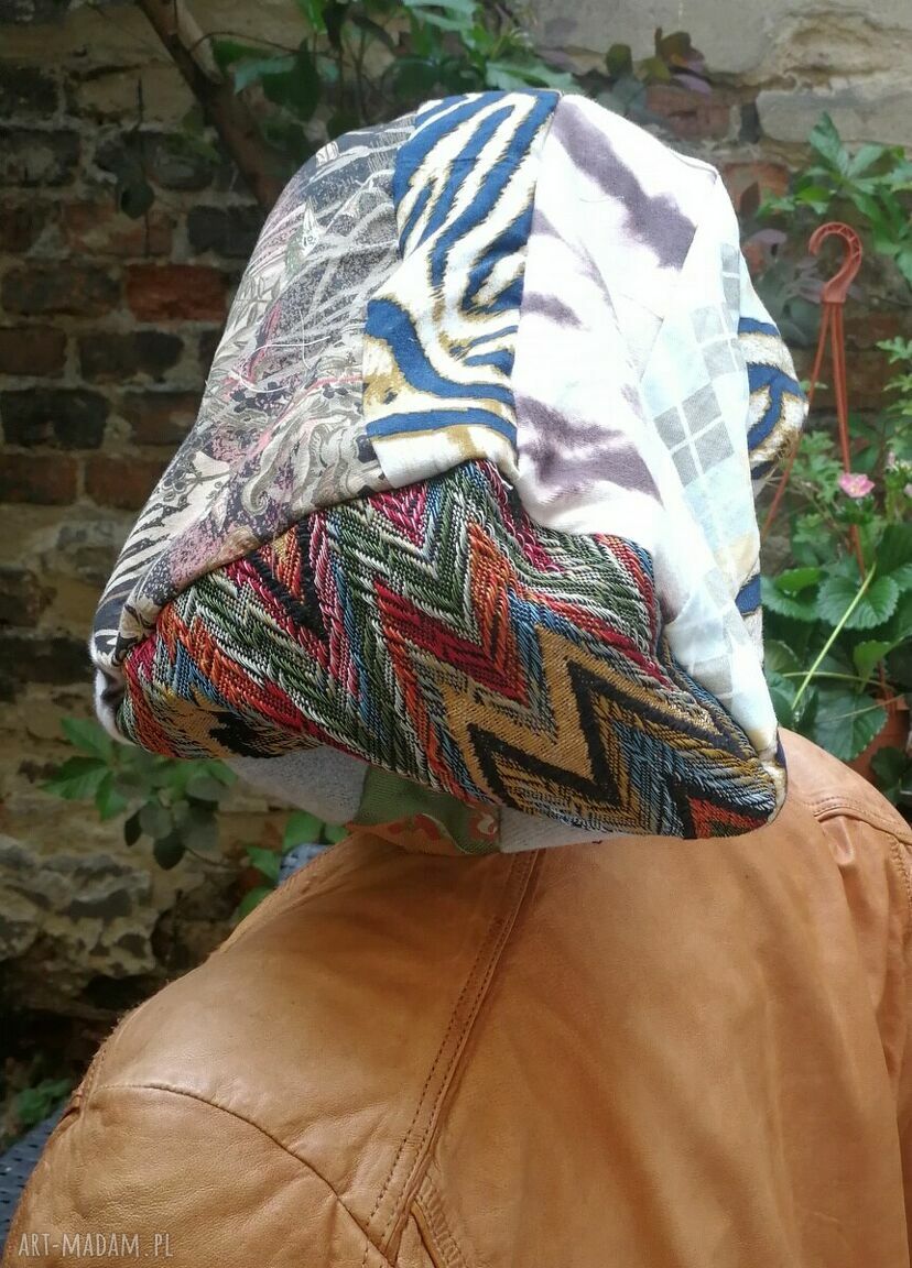 Czapka turbanowa etno boho patchwork na podszewce - ruda Klara