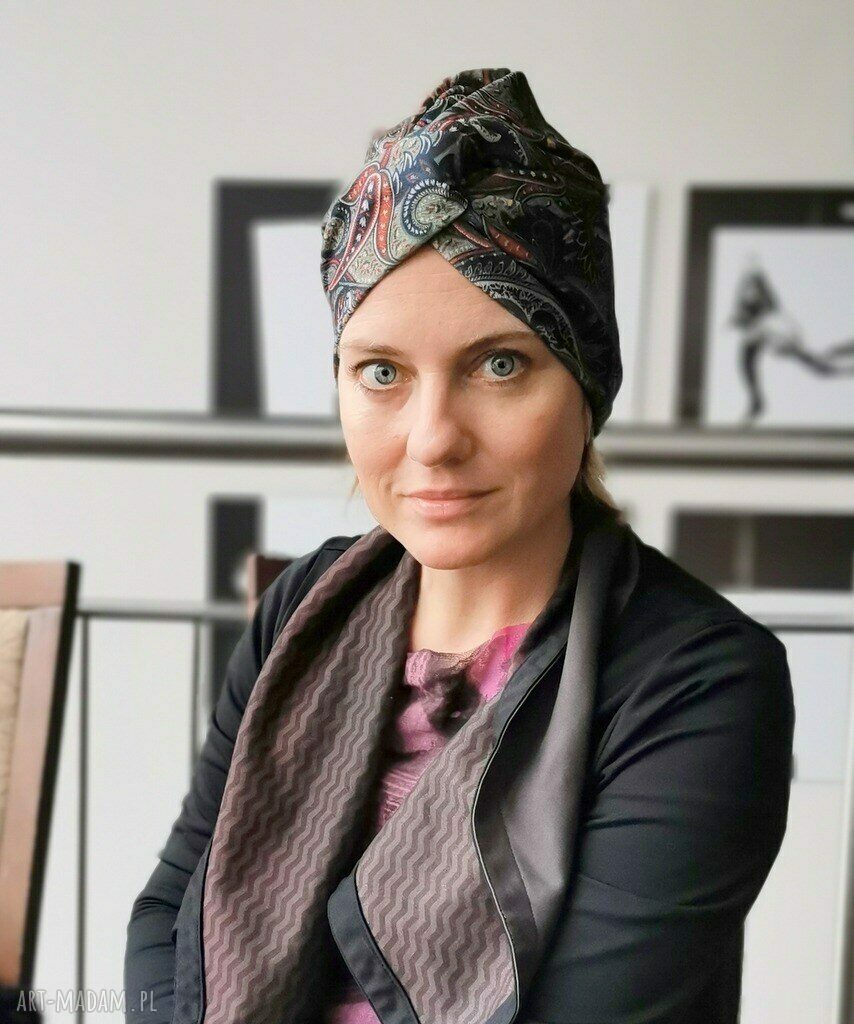 Czapka turbanowa etno-boho z motywem orientalnym - obwód 58-59 cm