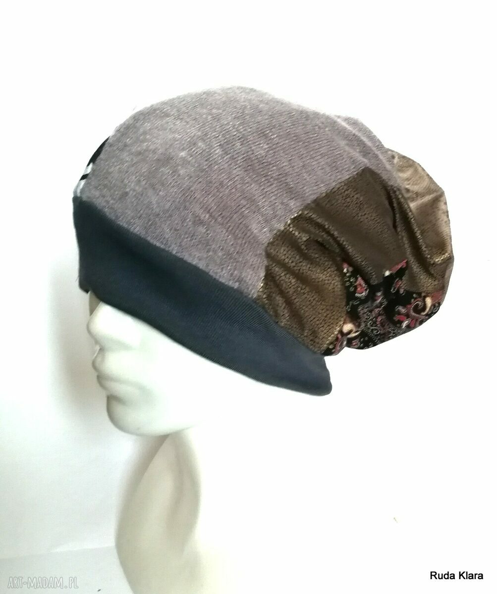 Czapka turbanowa etno boho z patchworku - rękodzieło na podszewce 58-59 cm