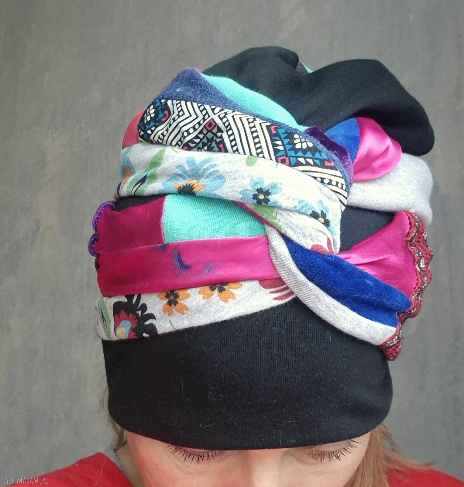 Ciepła czapka turbanowa na podszewce - uniwersalny rozmiar, handmade Ruda Klara
