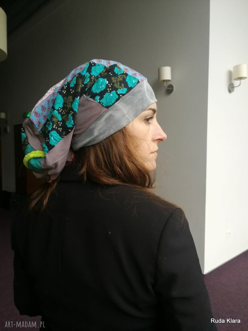 Czapka turbanowa Etno Boho na wiosnę - patchwork z podszewką