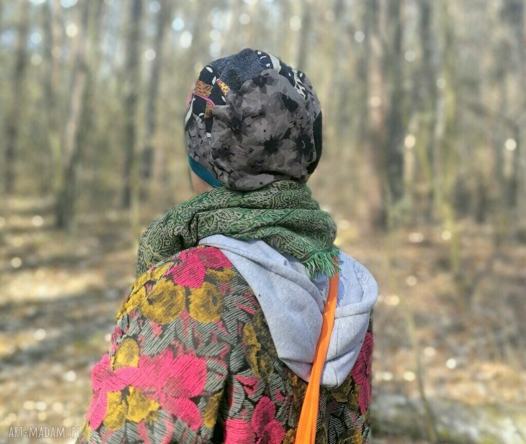 Czapka turbanowa Boho Etno z patchworku - wiosenna na podszewce (rozmiar uniwersalny)