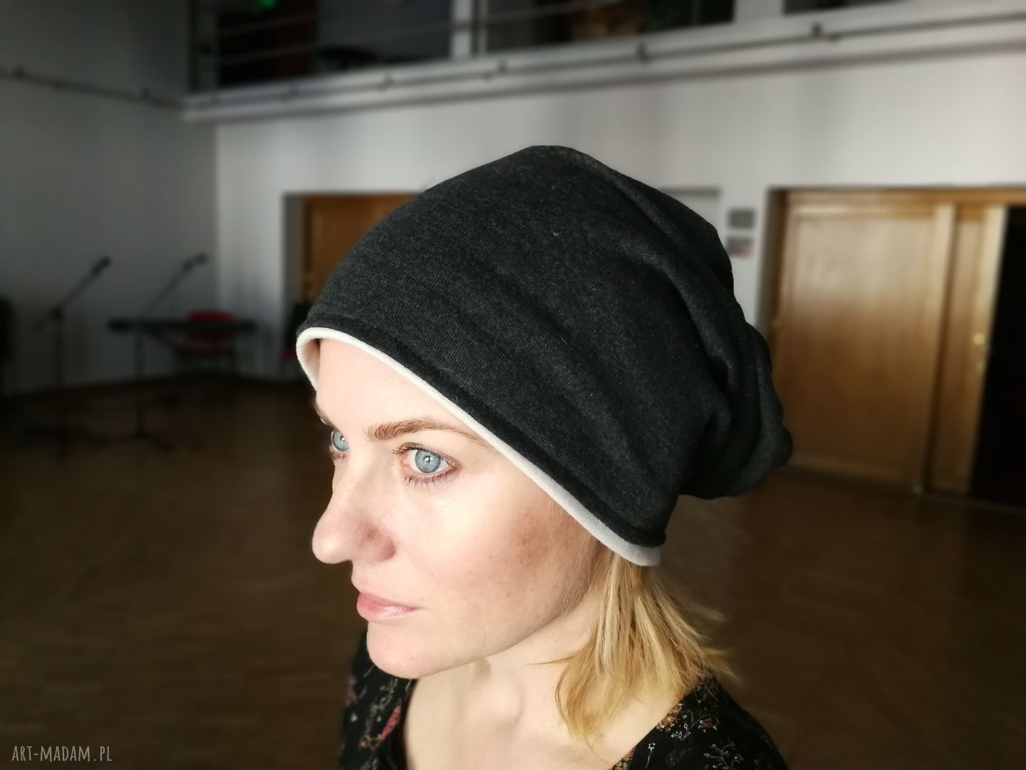 Grafitowa czapka unisex damsko-męska na podszewce - ręcznie dziana