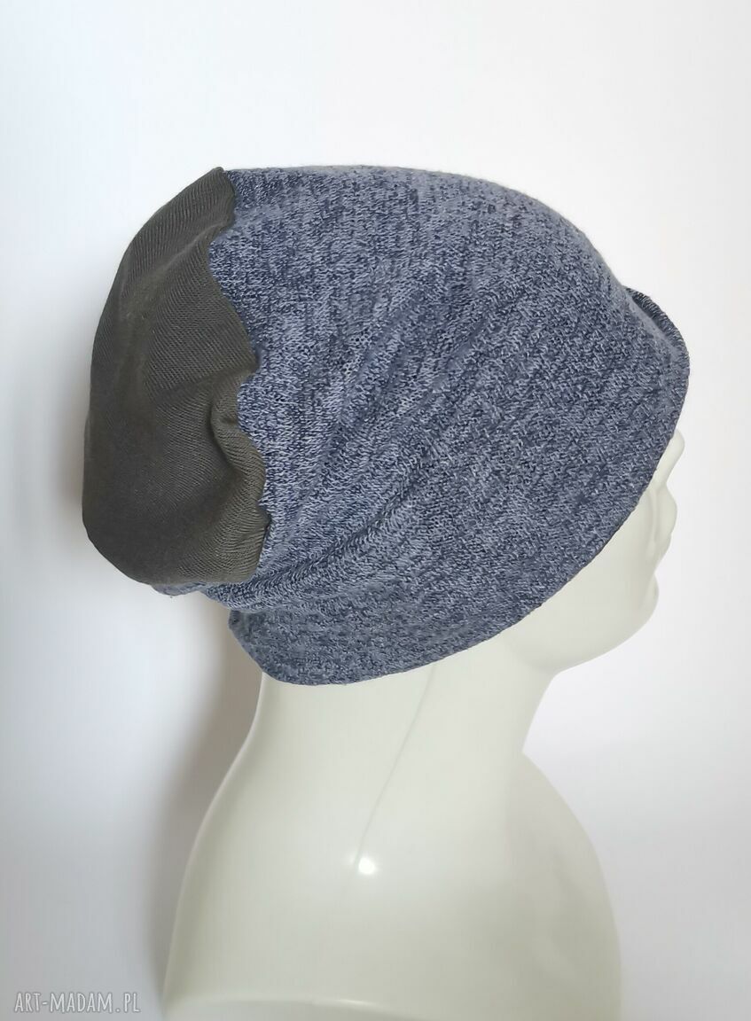 Czapka unisex krótka folk-etno boho - niebieska z „szarą górą” (ręcznie farbowana, na podszewce)