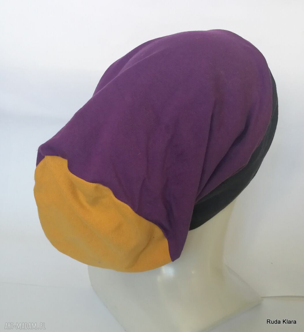 Czapka unisex Smerfetka żółta-fioletowa granat E1 - długa na podszewce