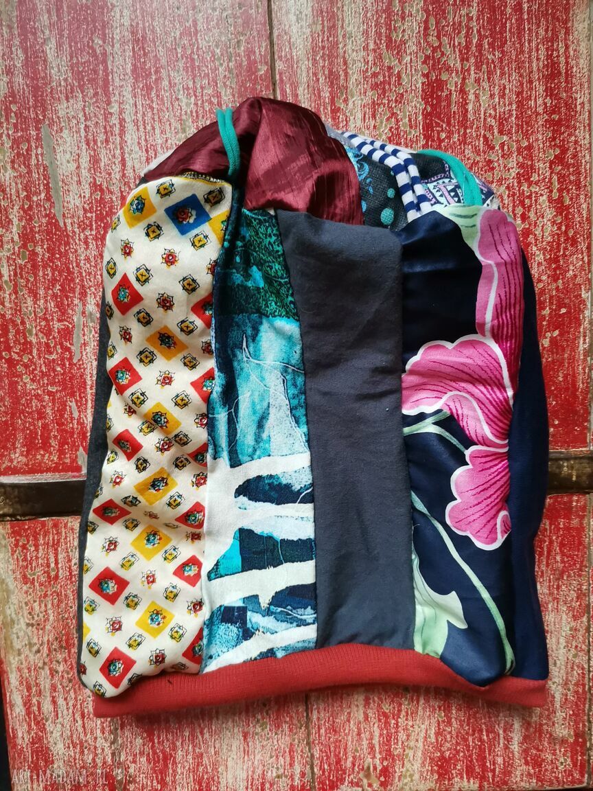 Ręcznie farbowana czapka Smerfetka na podszewce - boho folk (uniwersalna)