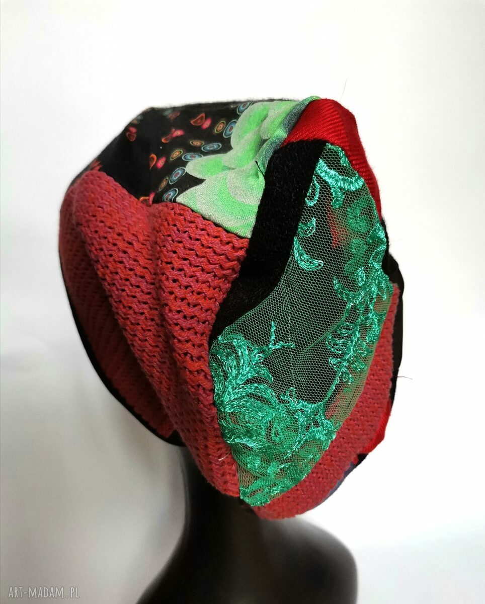 Czapka uniwersalna na podszewce box T1 - ręcznie robiona boho folk