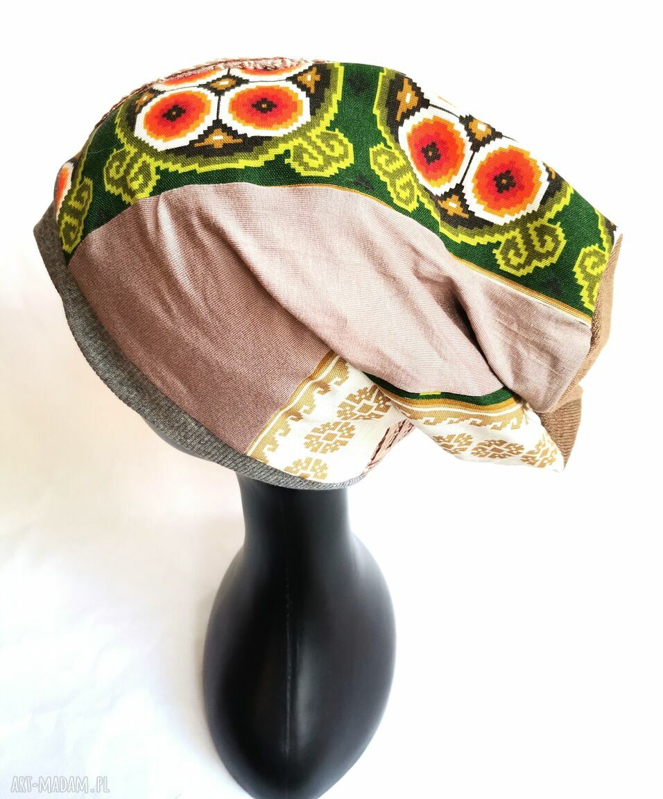 Czapka damska folk, etno i boho na podszewce - motyw roweru (handmade)