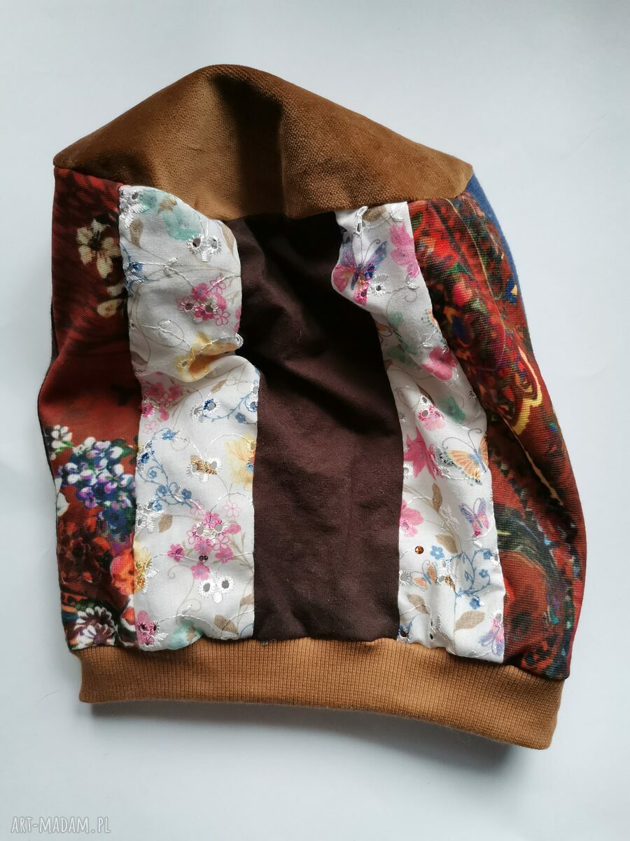 Czapka uniwersalna na podszewce w stylu folk boho z motywem roweru