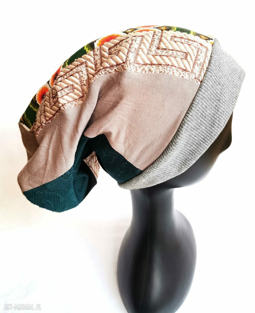 Czapka damska folk, etno i boho na podszewce - motyw roweru (handmade)