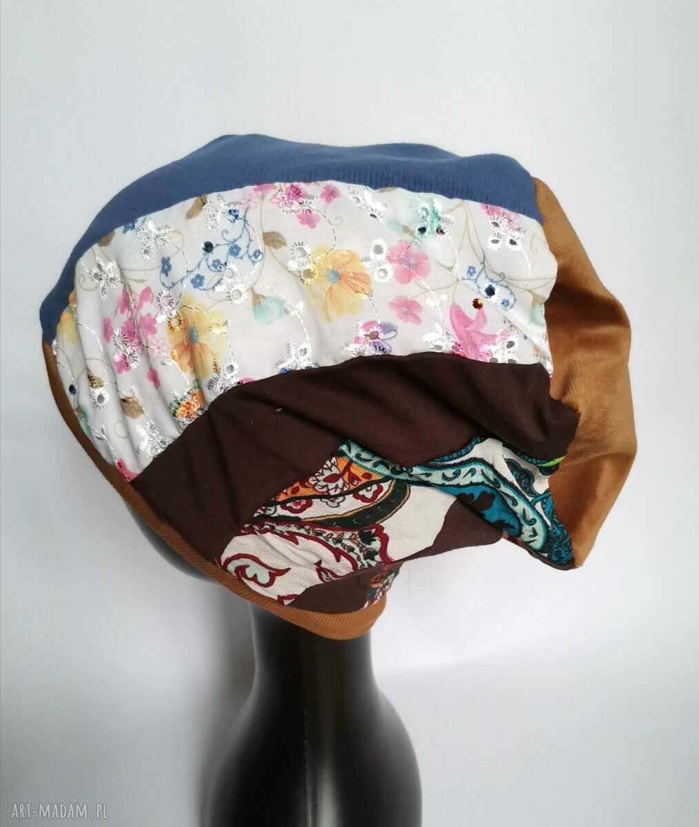 Czapka uniwersalna na podszewce w stylu folk boho z motywem roweru